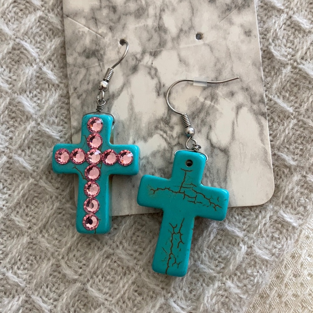 Turquoise Cross Earring with Pink Rhinestones